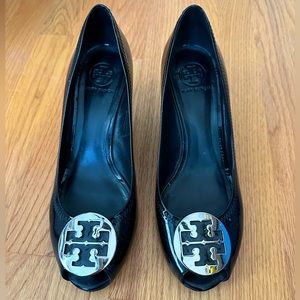 Tory Burch Black Patent Wedge Peep Toe